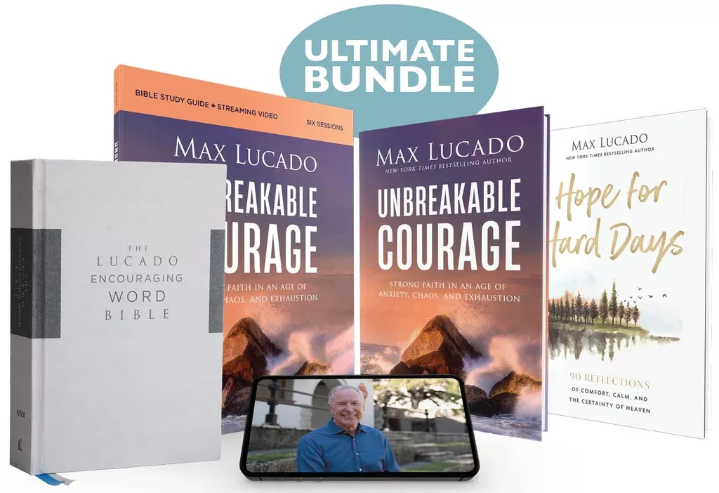Unbreakable Courage Study Guide + Book + Hope for Hard Days Devotional + the Lucado Encouraging Word Bible, NIV Ultimate Bundle